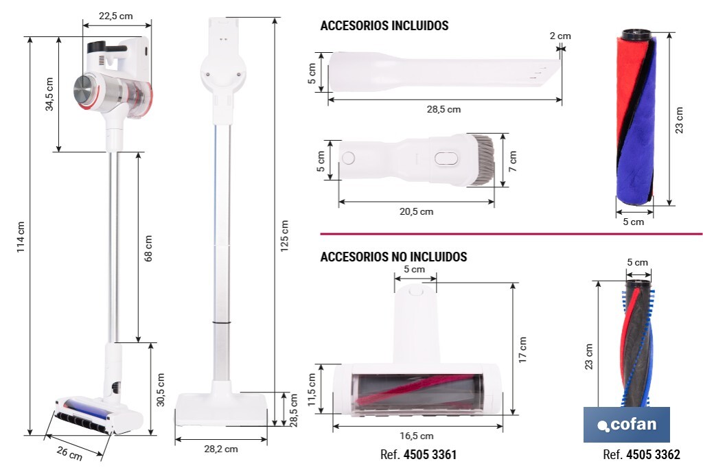 Aspiradora sin cable con base de carga | Potencia de succión: 180 AW | Potencia ciclónica: 32 kPa | 4 velocidades | Filtro HEPA lavable | Batería de litio 25,9 V | Color: blanco - Cofan