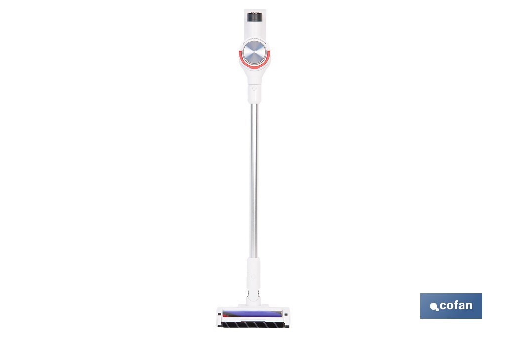 Aspiradora eléctrica sin cable con soporte a la pared | Potencia de succión: 180 AW | Potencia ciclónica: 32 kPa | 4 velocidades | Filtro HEPA lavable | Batería de litio 25,9 V | Color: blanco - Cofan