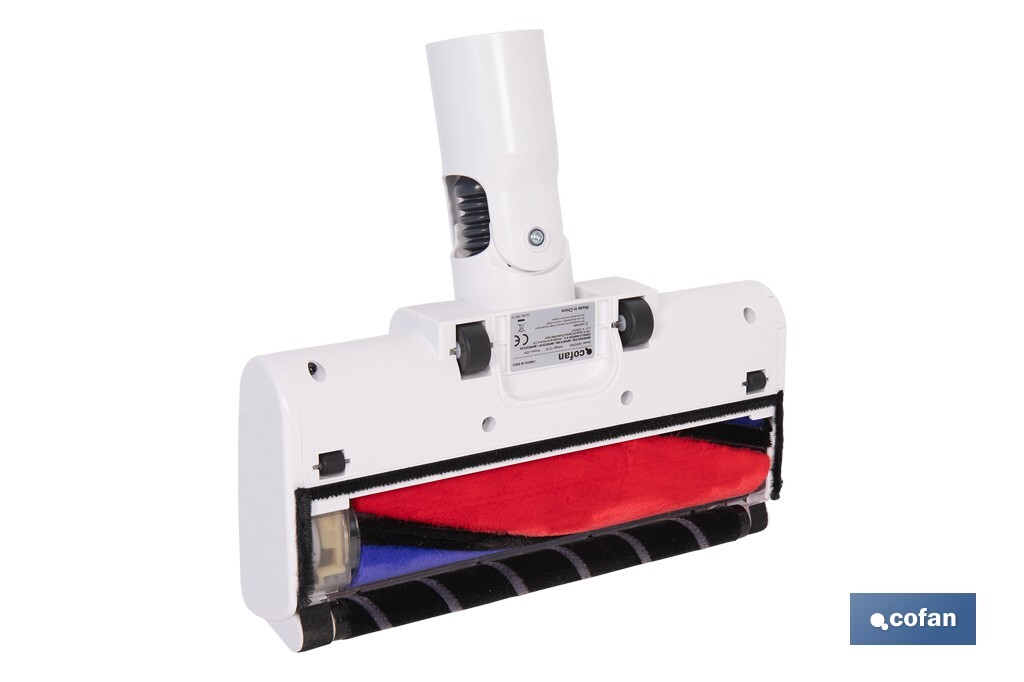 Aspiradora eléctrica sin cable con soporte a la pared | Potencia de succión: 180 AW | Potencia ciclónica: 32 kPa | 4 velocidades | Filtro HEPA lavable | Batería de litio 25,9 V | Color: blanco - Cofan
