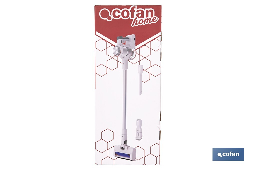 Aspiradora eléctrica sin cable con soporte a la pared | Potencia de succión: 180 AW | Potencia ciclónica: 32 kPa | 4 velocidades | Filtro HEPA lavable | Batería de litio 25,9 V | Color: blanco - Cofan