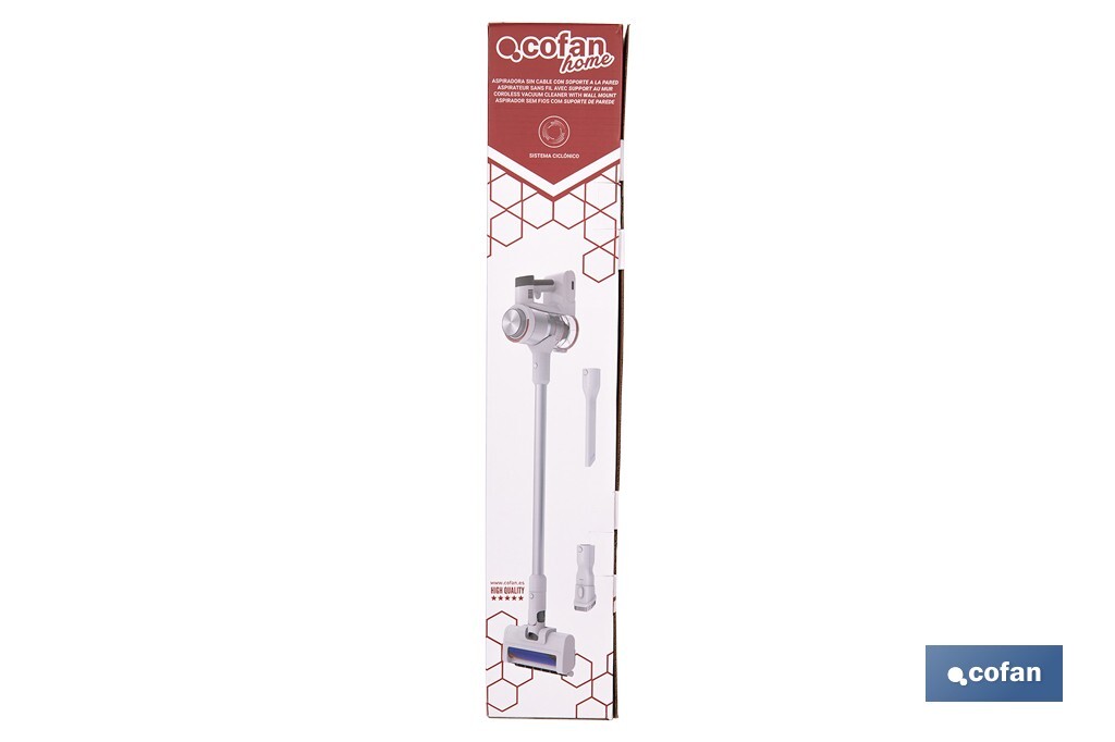 Aspiradora eléctrica sin cable con soporte a la pared | Potencia de succión: 180 AW | Potencia ciclónica: 32 kPa | 4 velocidades | Filtro HEPA lavable | Batería de litio 25,9 V | Color: blanco - Cofan