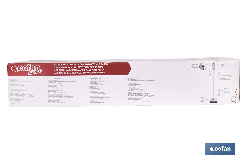 Aspiradora eléctrica sin cable con soporte a la pared | Potencia de succión: 180 AW | Potencia ciclónica: 32 kPa | 4 velocidades | Filtro HEPA lavable | Batería de litio 25,9 V | Color: blanco - Cofan
