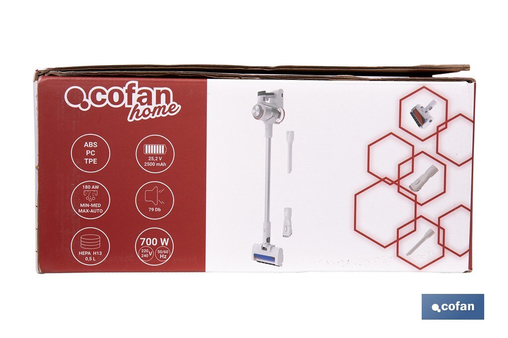 Aspiradora eléctrica sin cable con soporte a la pared | Potencia de succión: 180 AW | Potencia ciclónica: 32 kPa | 4 velocidades | Filtro HEPA lavable | Batería de litio 25,9 V | Color: blanco - Cofan