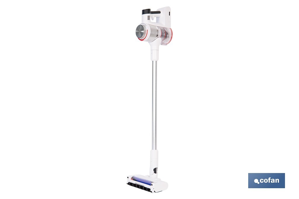 Aspiradora eléctrica sin cable con soporte a la pared | Potencia de succión: 180 AW | Potencia ciclónica: 32 kPa | 4 velocidades | Filtro HEPA lavable | Batería de litio 25,9 V | Color: blanco - Cofan