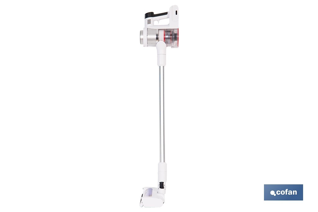 Aspiradora eléctrica sin cable con soporte a la pared | Potencia de succión: 180 AW | Potencia ciclónica: 32 kPa | 4 velocidades | Filtro HEPA lavable | Batería de litio 25,9 V | Color: blanco - Cofan