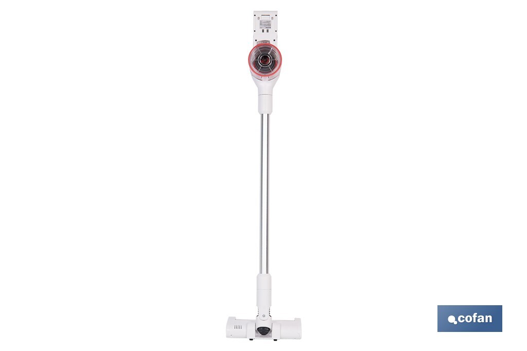 Aspiradora eléctrica sin cable con soporte a la pared | Potencia de succión: 180 AW | Potencia ciclónica: 32 kPa | 4 velocidades | Filtro HEPA lavable | Batería de litio 25,9 V | Color: blanco - Cofan