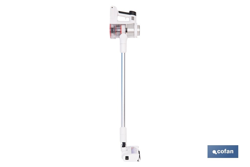 Aspiradora eléctrica sin cable con soporte a la pared | Potencia de succión: 180 AW | Potencia ciclónica: 32 kPa | 4 velocidades | Filtro HEPA lavable | Batería de litio 25,9 V | Color: blanco - Cofan