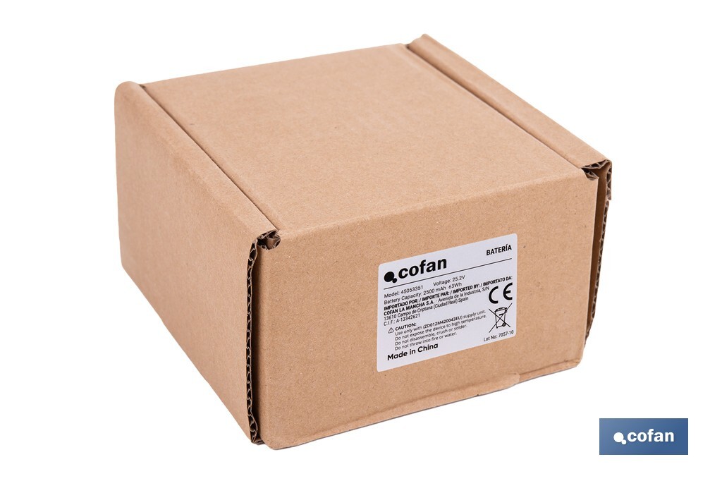 Batería Li-Ion recargable | 25,9 V 2500 mAh | Medidas: 5 x 8,5 x 10 cm - Cofan