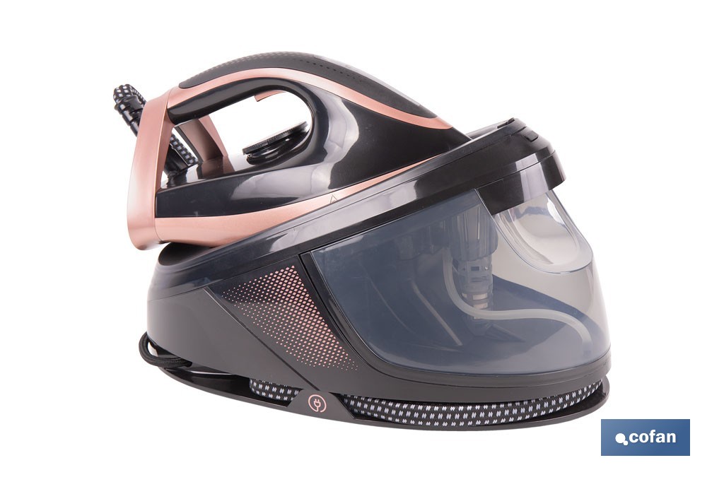 Centro de planchado con depósito de agua extraíble 1,5 litros | Potencia: 3100 W y 8 bares | Suela de cerámica y función de autolimpieza - Cofan