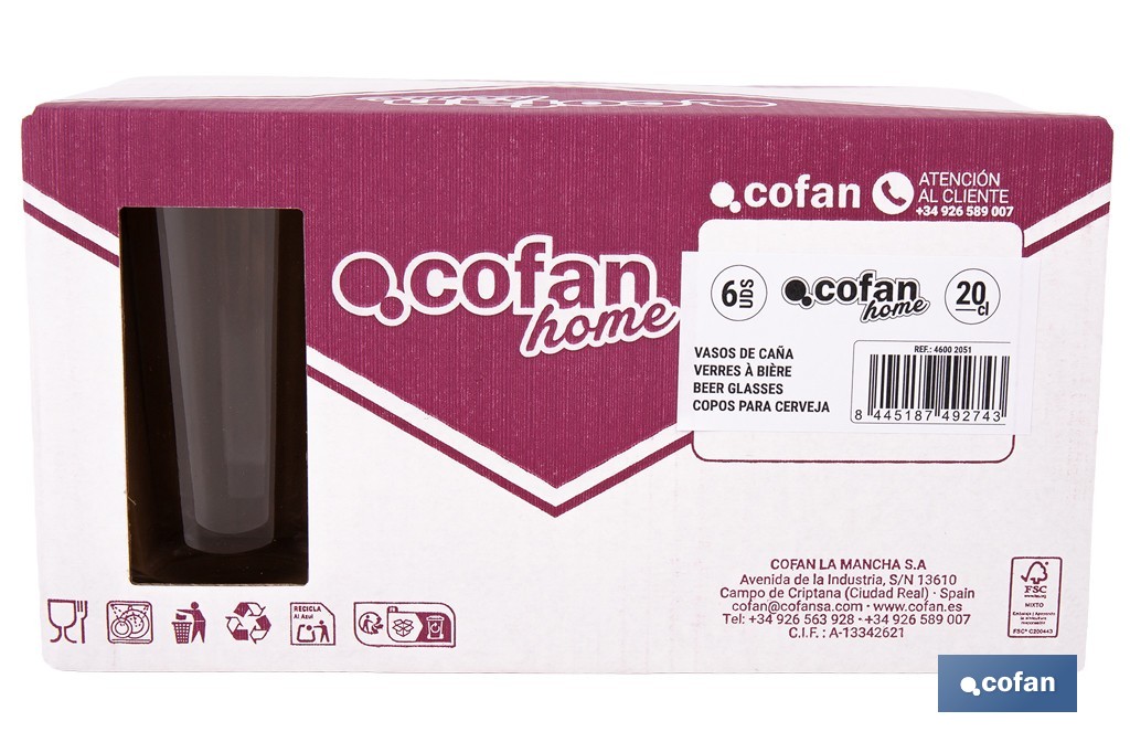 Pack de 6 vasos de caña de vidrio templado | Capacidad: 200 ml | Adecuado para cerveza, agua, refrescos y zumos - Cofan