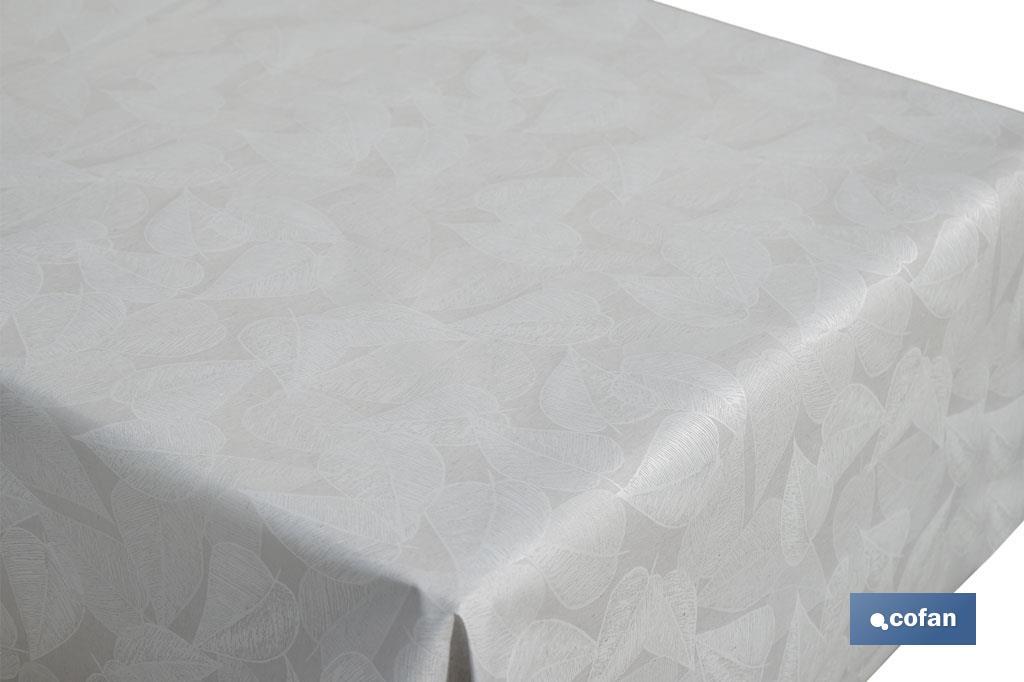 Mantel resinado antimanchas | Diseño moderno con hojas | Color: gris y blanco | Materiales: algodón y poliéster | Disponible en diferentes medidas - Cofan