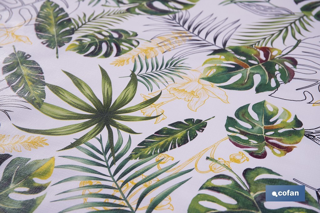 Rollo de hule con estampado de hojas amazónicas | Impermeable | Protección y estilo para la mesa - Cofan