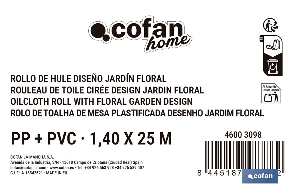 Rollo de hule estampado jardín floral | Materiales: PVC y tela no tejida de polipropileno | Fácil limpieza | Medidas 1,40 x 25 m - Cofan