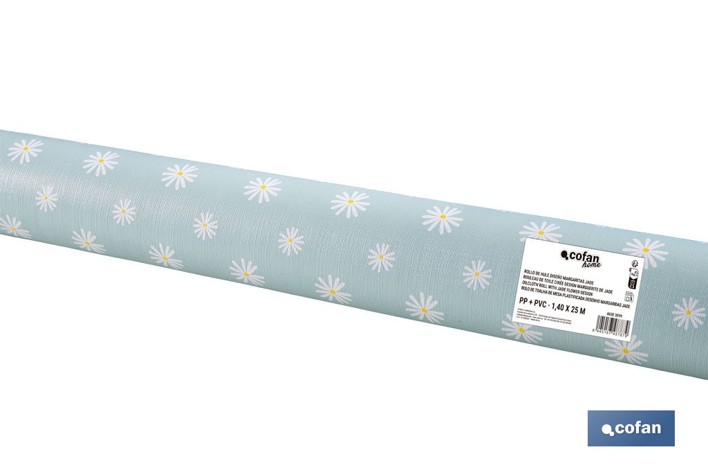 Rollo de hule estampado margarita jade | Materiales: PVC y tela no tejida de polipropileno | Fácil limpieza | Medidas 1,40 x 25 m - Cofan