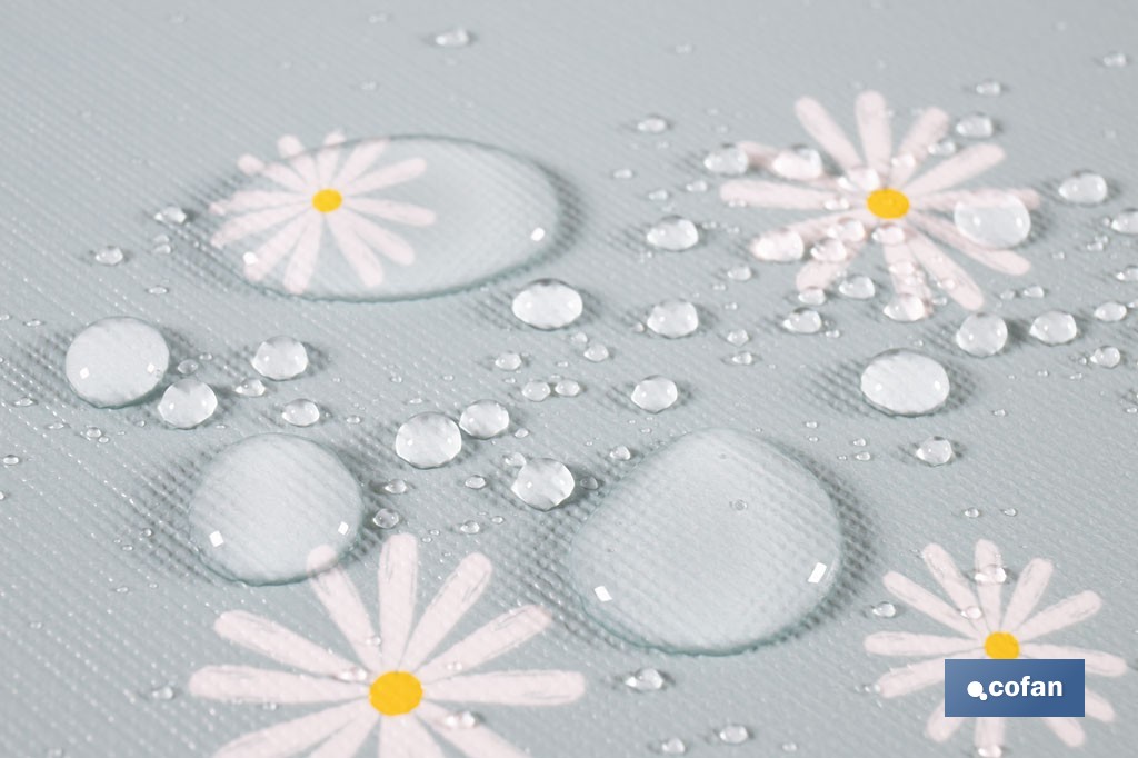 Rollo de hule estampado margarita jade | Materiales: PVC y tela no tejida de polipropileno | Fácil limpieza | Medidas 1,40 x 25 m - Cofan