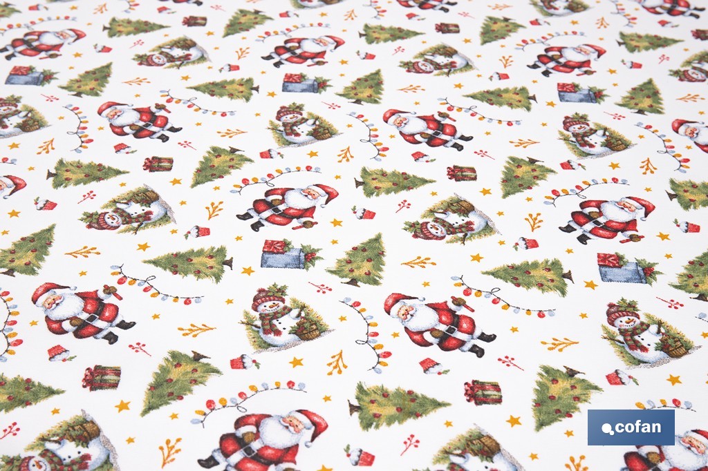 Rollo de mantel resinado antimanchas con Árboles de Navidad y regalos | Materiales: 75 % algodón y 25 % poliéster | Diseño navideño, fácil de limpiar - Cofan