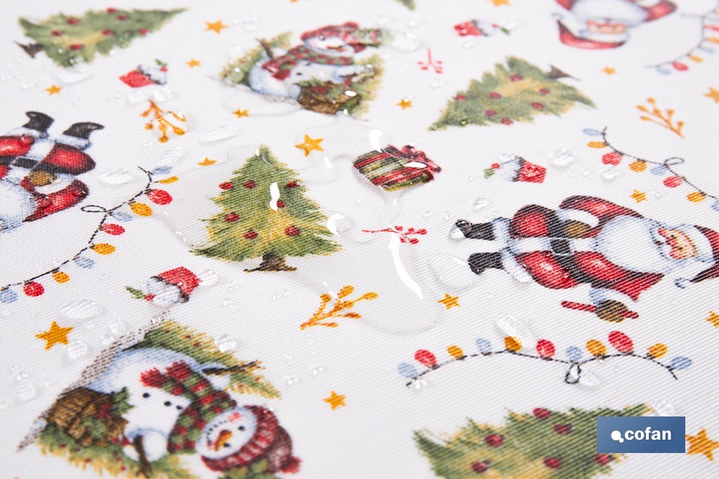 Rollo de mantel resinado antimanchas con Árboles de Navidad y regalos | Materiales: 75 % algodón y 25 % poliéster | Diseño navideño, fácil de limpiar - Cofan