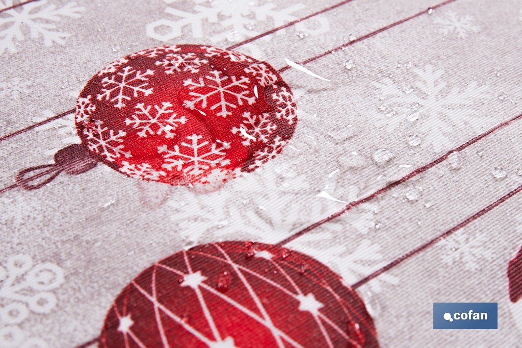 Rollo de mantel resinado antimanchas con bolas de Navidad | Materiales: 75 % algodón y 25 % poliéster | Diseño navideño, fácil de limpiar - Cofan
