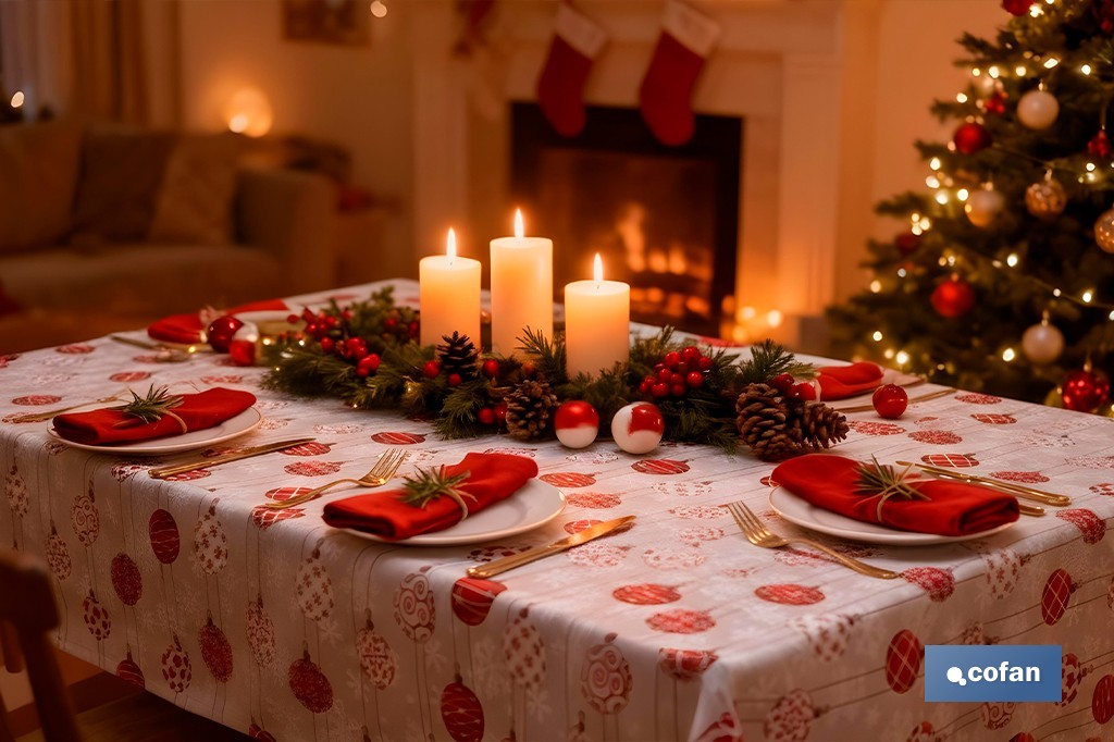 Rollo de mantel resinado antimanchas con bolas de Navidad | Materiales: 75 % algodón y 25 % poliéster | Diseño navideño, fácil de limpiar - Cofan