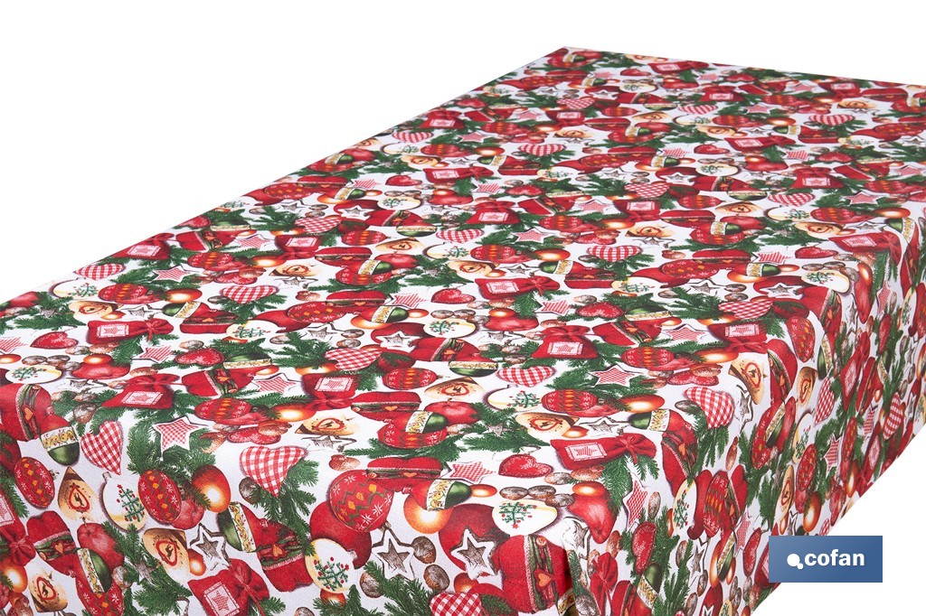Rollo de mantel resinado antimanchas con adornos y ramas de abeto | Materiales: 75 % algodón y 25 % poliéster | Diseño navideño, fácil de limpiar - Cofan