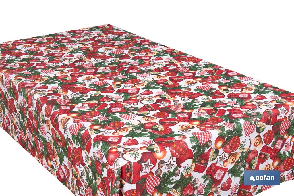Rollo de mantel resinado antimanchas con adornos y ramas de abeto | Materiales: 75 % algodón y 25 % poliéster | Diseño navideño, fácil de limpiar - Cofan