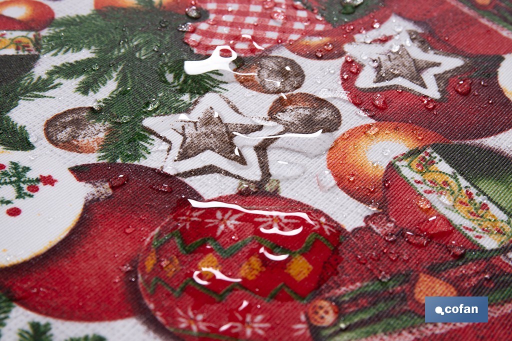 Rollo de mantel resinado antimanchas con adornos y ramas de abeto | Materiales: 75 % algodón y 25 % poliéster | Diseño navideño, fácil de limpiar - Cofan
