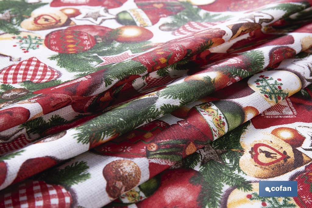 Rollo de mantel resinado antimanchas con adornos y ramas de abeto | Materiales: 75 % algodón y 25 % poliéster | Diseño navideño, fácil de limpiar - Cofan