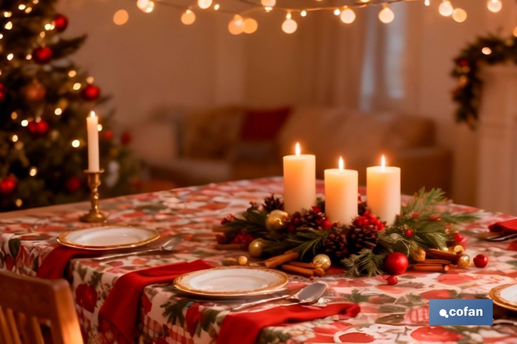 Rollo de mantel resinado antimanchas con adornos y ramas de abeto | Materiales: 75 % algodón y 25 % poliéster | Diseño navideño, fácil de limpiar - Cofan
