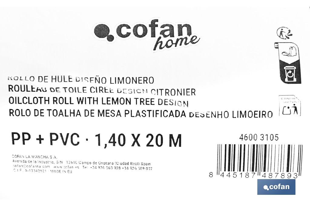 Rollo de hule estampado limones | Materiales: polipropileno y PVC | Gran resistencia a líquidos y manchas | Fácil limpieza | Medidas 1,40 x 20 m - Cofan