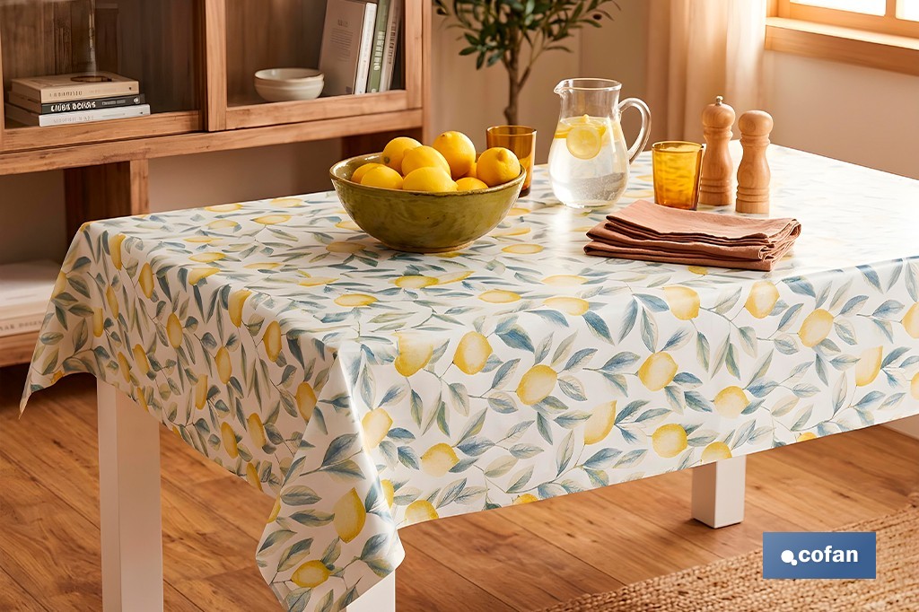Rollo de hule estampado limones | Materiales: polipropileno y PVC | Gran resistencia a líquidos y manchas | Fácil limpieza | Medidas 1,40 x 20 m - Cofan