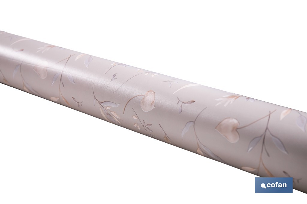 Rollo de hule estampado botánico con ramas doradas | Materiales: polipropileno y PVC | Gran resistencia a líquidos y manchas | Fácil limpieza | Medidas 1,40 x 20 m - Cofan