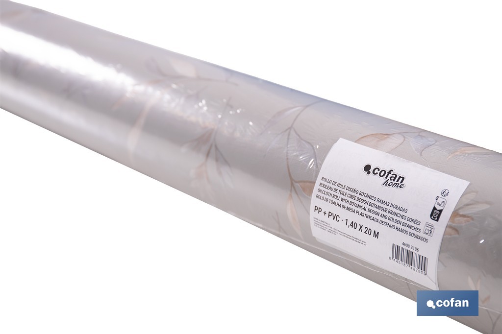 Rollo de hule estampado botánico con ramas doradas | Materiales: polipropileno y PVC | Gran resistencia a líquidos y manchas | Fácil limpieza | Medidas 1,40 x 20 m - Cofan