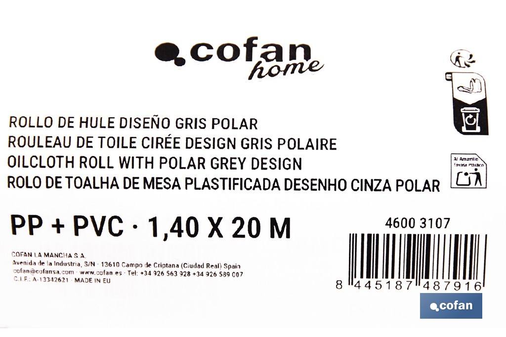 Rollo de hule estampado gris polar | Materiales: polipropileno y PVC | Gran resistencia a líquidos y manchas | Fácil limpieza | Medidas 1,40 x 20 m - Cofan