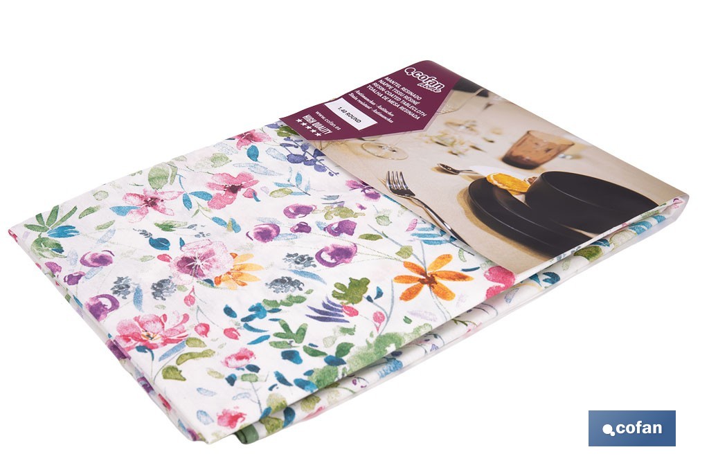 Mantel antimanchas resinado diseño prado silvestre | Materiales: 50 % algodón y 50 % poliéster | Fácil de limpiar | Mantel redondo de 1,40 m - Cofan