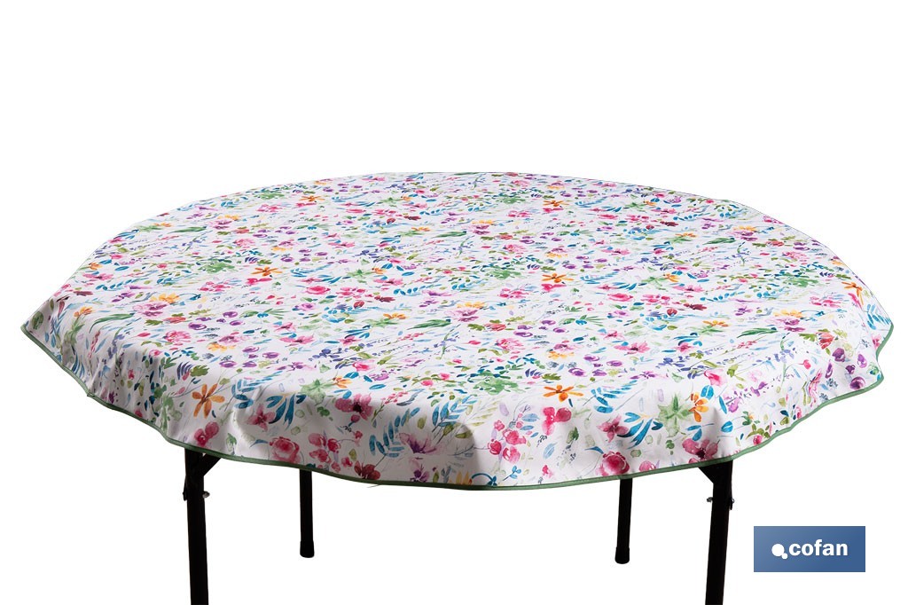 Mantel antimanchas resinado diseño prado silvestre | Materiales: 50 % algodón y 50 % poliéster | Fácil de limpiar | Mantel redondo de 1,40 m - Cofan