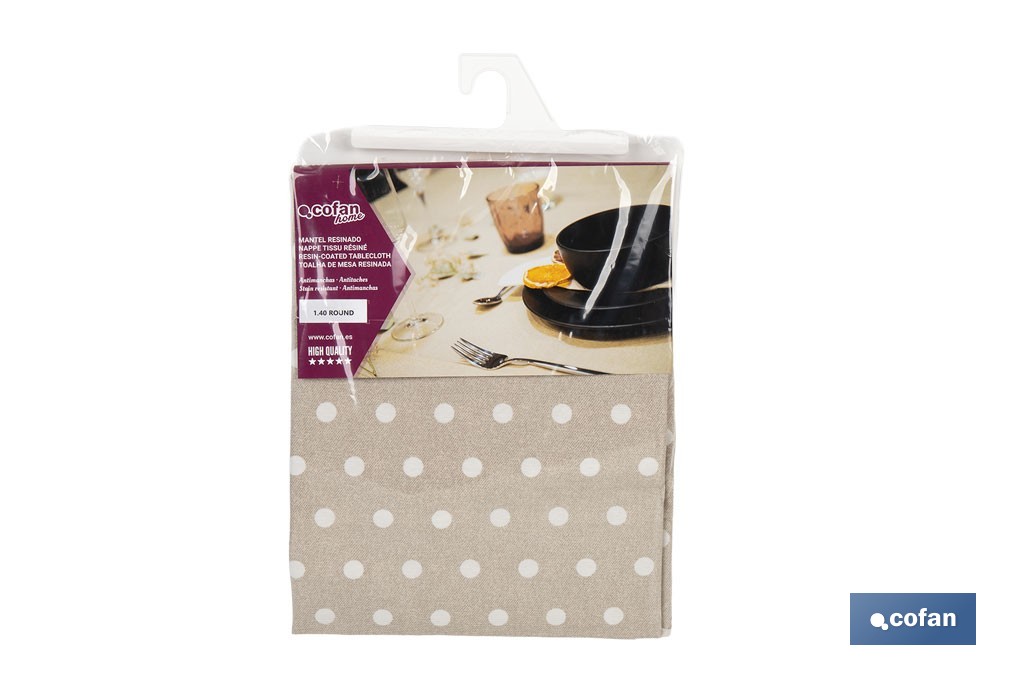 Mantel antimanchas resinado diseño topos lino | Materiales: 50 % algodón y 50 % poliéster | Fácil de limpiar | Mantel redondo de 1,40 m - Cofan