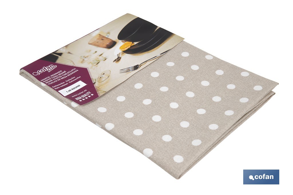 Mantel antimanchas resinado diseño topos lino | Materiales: 50 % algodón y 50 % poliéster | Fácil de limpiar | Mantel redondo de 1,40 m - Cofan