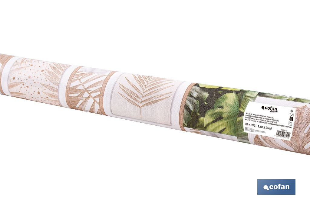 Rollo de hule estampado verde tropical | Materiales: PVC y tela no tejida de polipropileno | Fácil limpieza | Medidas 1,40 x 25 m - Cofan