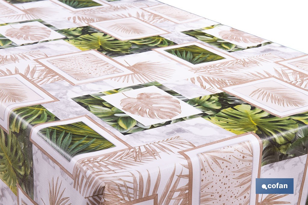 Rollo de hule estampado verde tropical | Materiales: PVC y tela no tejida de polipropileno | Fácil limpieza | Medidas 1,40 x 25 m - Cofan
