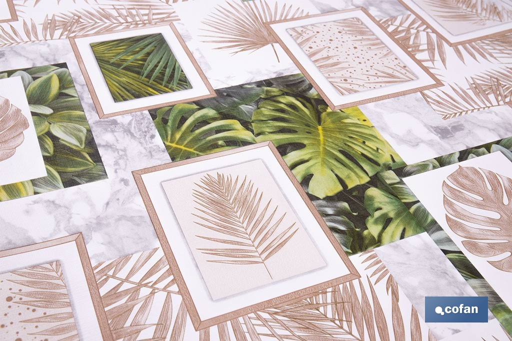 Rollo de hule estampado verde tropical | Materiales: PVC y tela no tejida de polipropileno | Fácil limpieza | Medidas 1,40 x 25 m - Cofan