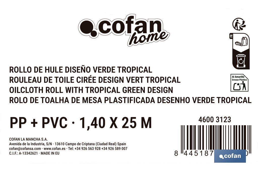 Rollo de hule estampado verde tropical | Materiales: PVC y tela no tejida de polipropileno | Fácil limpieza | Medidas 1,40 x 25 m - Cofan