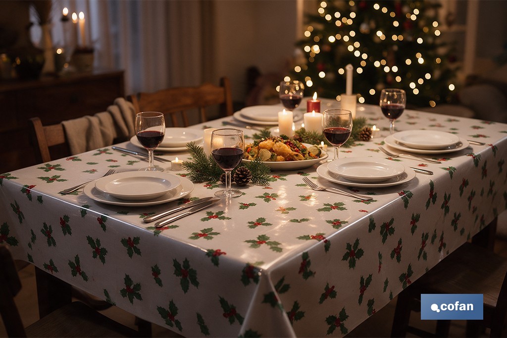 Rollo de hule para mesa con estampado navideño | Diseño de acebo - Cofan