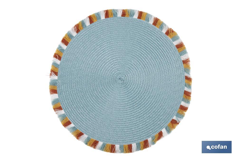 Bajoplatos redondos con flecos de colores | Color: azul | Salvamanteles individuales | Packs de 6 unidades | Diámetro: 38 cm - Cofan