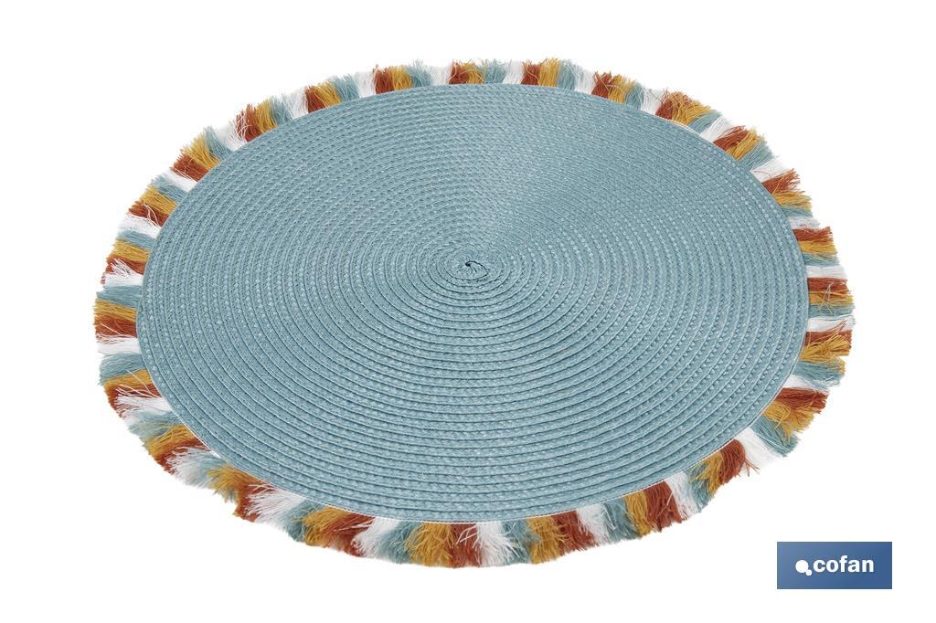 Bajoplatos redondos con flecos de colores | Color: azul | Salvamanteles individuales | Packs de 6 unidades | Diámetro: 38 cm - Cofan