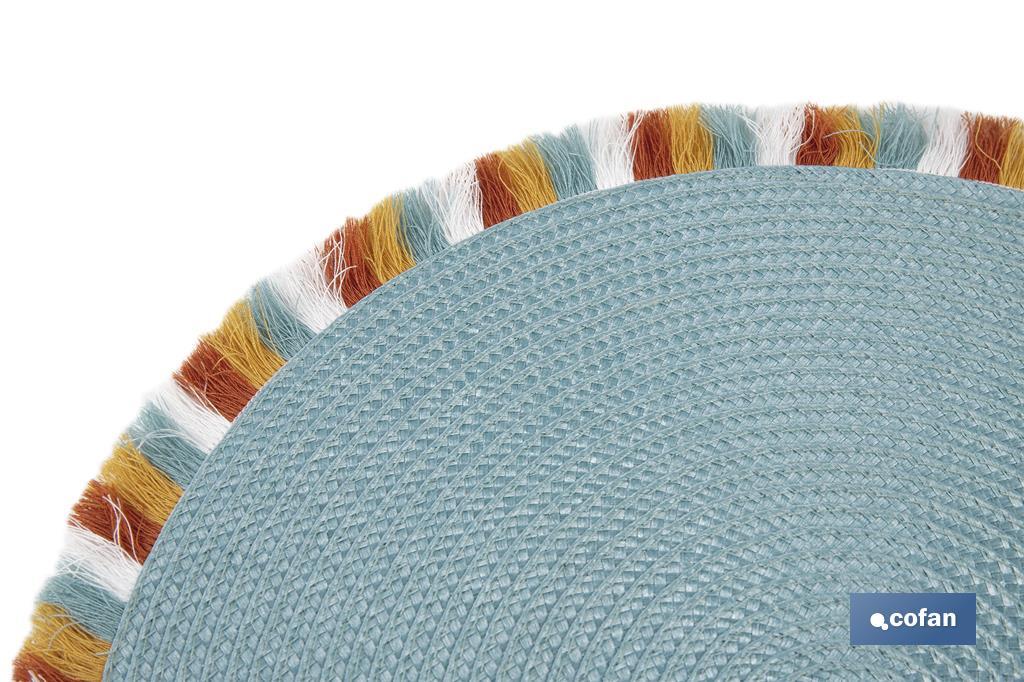 Bajoplatos redondos con flecos de colores | Color: azul | Salvamanteles individuales | Packs de 6 unidades | Diámetro: 38 cm - Cofan