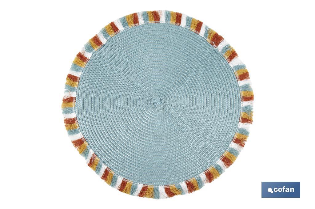 Bajoplatos redondos con flecos de colores | Color: azul | Salvamanteles individuales | Packs de 6 unidades | Diámetro: 38 cm - Cofan