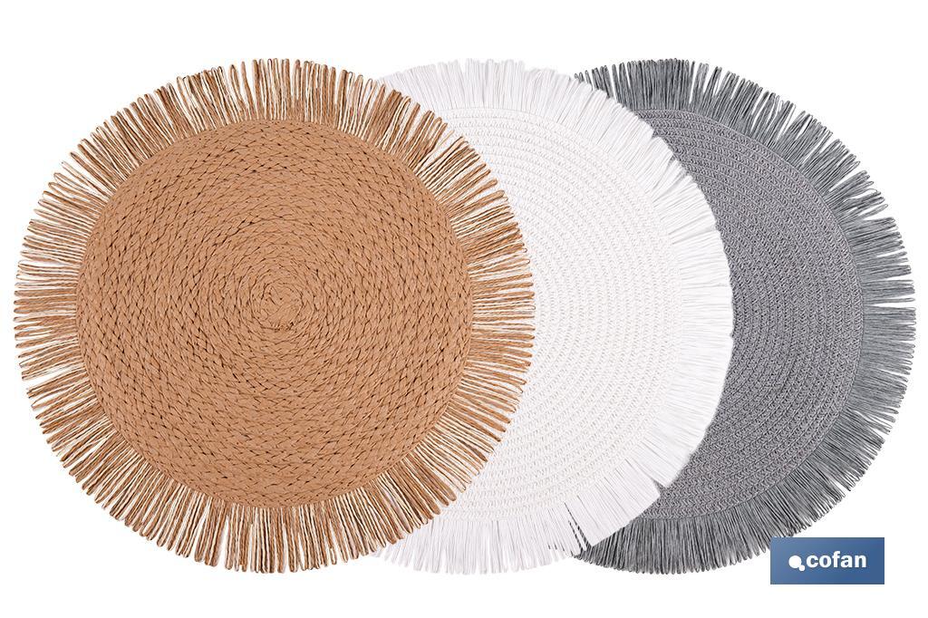 Bajoplatos redondos con flecos decorativos | Disponibles en diferentes colores | Packs de 6 salvamanteles individuales | Diámetro: 38 cm - Cofan