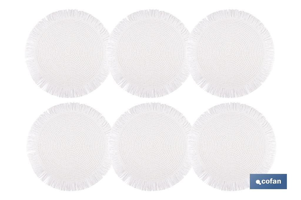 Bajoplatos redondos con flecos decorativos | Disponibles en diferentes colores | Packs de 6 salvamanteles individuales | Diámetro: 38 cm - Cofan