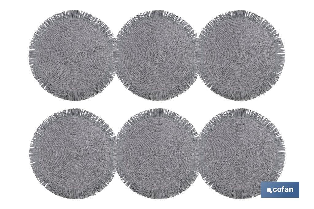 Bajoplatos redondos con flecos decorativos | Disponibles en diferentes colores | Packs de 6 salvamanteles individuales | Diámetro: 38 cm - Cofan