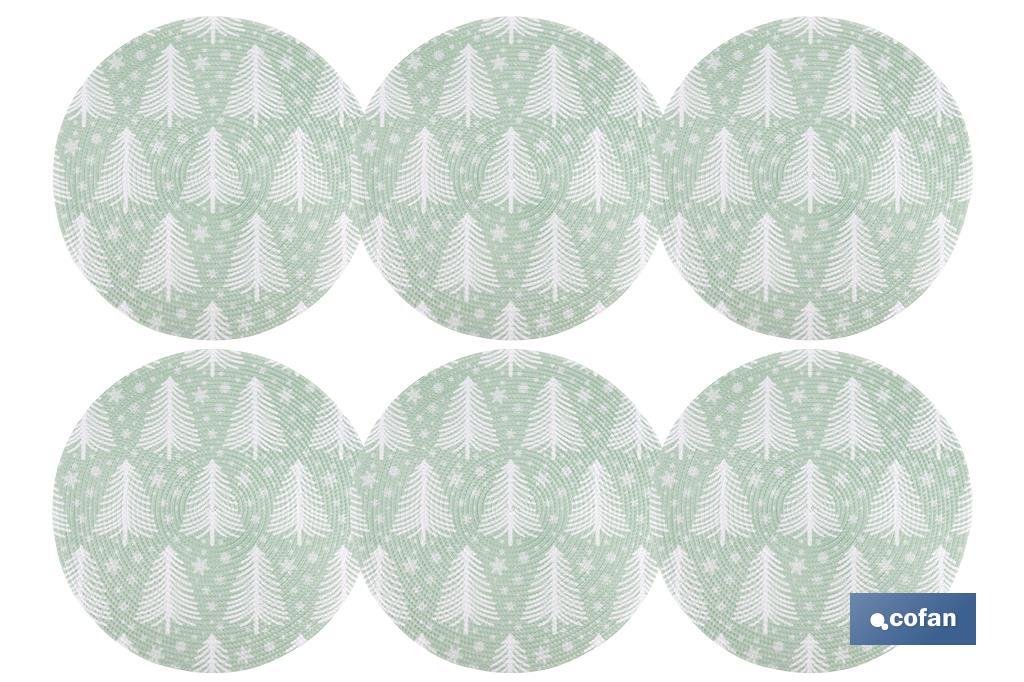 Bajoplatos redondos de Navidad | Diseño con árboles de Navidad | Packs de 6 salvamanteles individuales | Diámetro: 38 cm | Color: verde y blanco - Cofan
